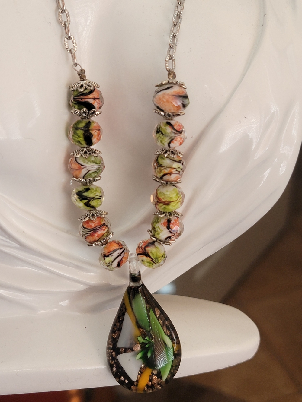 Handmade Green and Peach Glass Bead Necklace with Teardrop Pendant